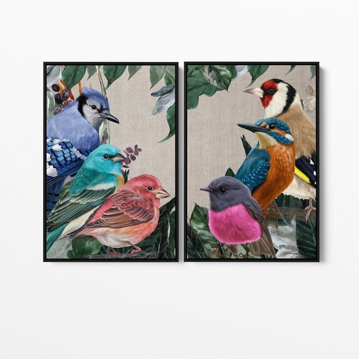 Sing A Song Of Six Birds - Two Piece Watercolour Nature Birds and Foliage Canvas or Art Print Set, Wall Art, Ozark Home 