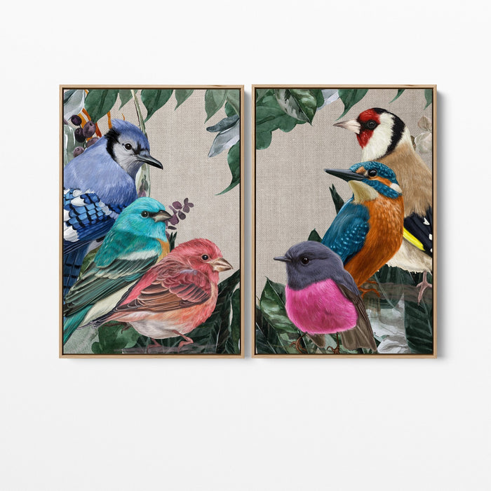 Sing A Song Of Six Birds - Two Piece Watercolour Nature Birds and Foliage Canvas or Art Print Set, Wall Art, Ozark Home 