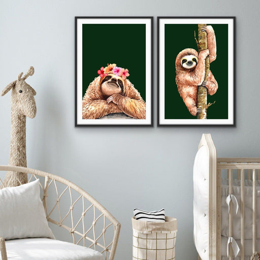 Sloth Two Piece Print Set - Watercolour Sloth Set on Green Backdrop, Wall Art, Ozark Home 