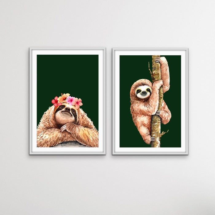 Sloth Two Piece Print Set - Watercolour Sloth Set on Green Backdrop, Wall Art, Ozark Home 