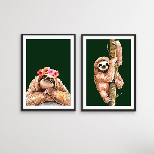 Sloth Two Piece Print Set - Watercolour Sloth Set on Green Backdrop, Wall Art, Ozark Home 