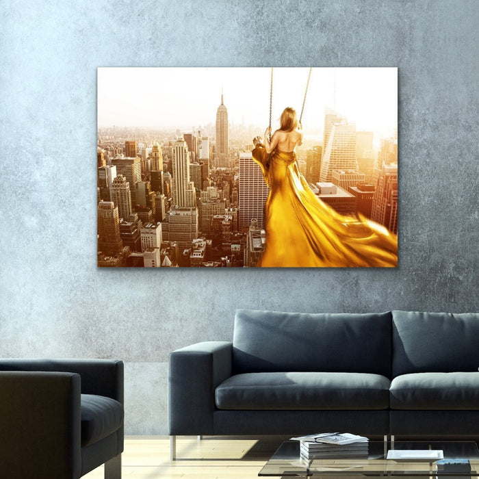 Swing For The Sun - Surreal Gold Art Print Stretched Canvas Wall Art