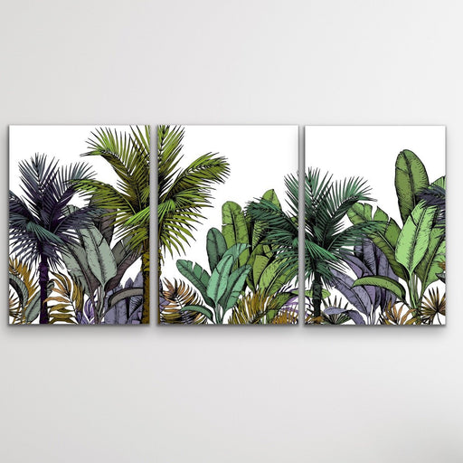 Tropical Skyline - Three Piece Jungle Monstera Palm Garden Stretched Canvas Print, Wall Art, Ozark Home 