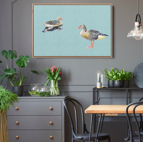 Two Geese - Watercolour Geese on Duck Egg Blue Background Canvas Wall Art Print