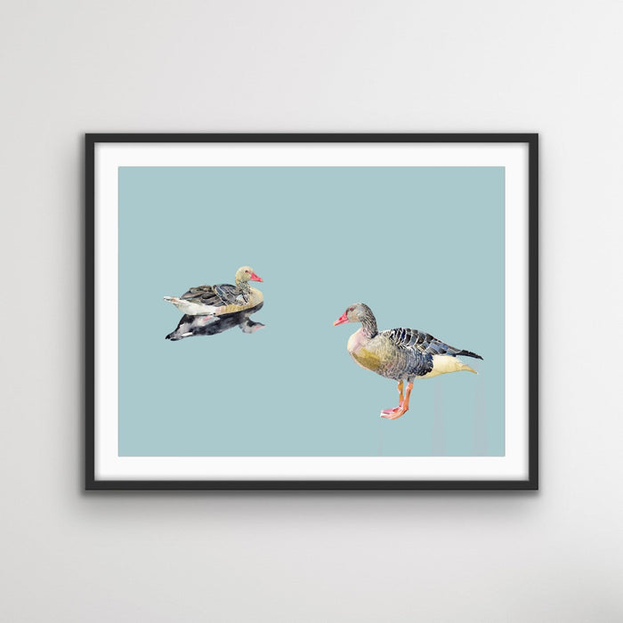 Two Geese - Watercolour Geese on Duck Egg Blue Background Canvas Wall Art Print