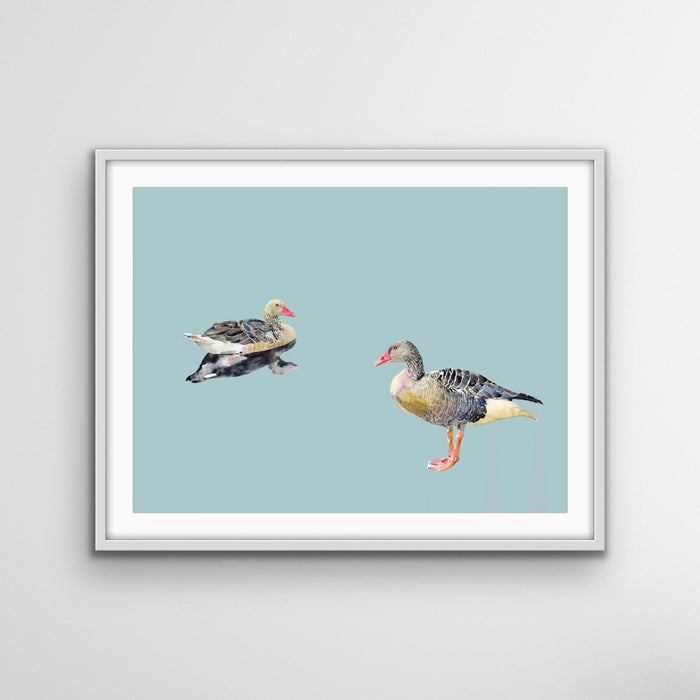 Two Geese - Watercolour Geese on Duck Egg Blue Background Canvas Wall Art Print