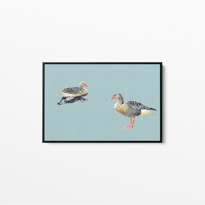 Two Geese - Watercolour Geese on Duck Egg Blue Background Canvas Wall Art Print