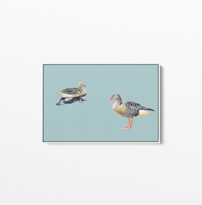 Two Geese - Watercolour Geese on Duck Egg Blue Background Canvas Wall Art Print