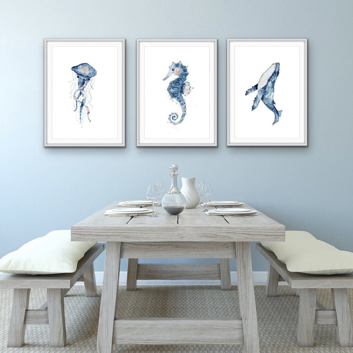 In The Ocean - Hamptons Three Piece Seahorse Jellyfish Whale Art or Canvas Print Set, Wall Art, Ozark Home 