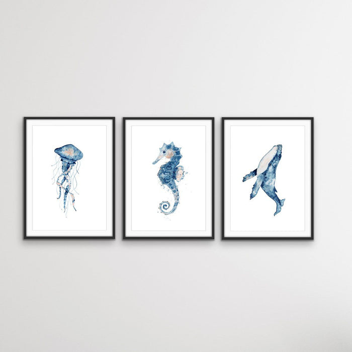 In The Ocean - Hamptons Three Piece Seahorse Jellyfish Whale Art or Canvas Print Set, Wall Art, Ozark Home 