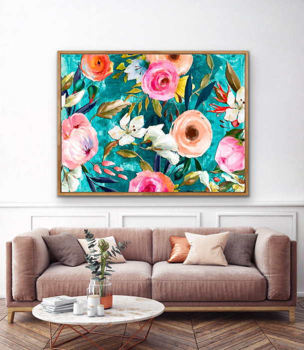 Walk In the Garden In Turquoise - Bright Floral Artwork With Flowers Oil Painting Wall Art Print