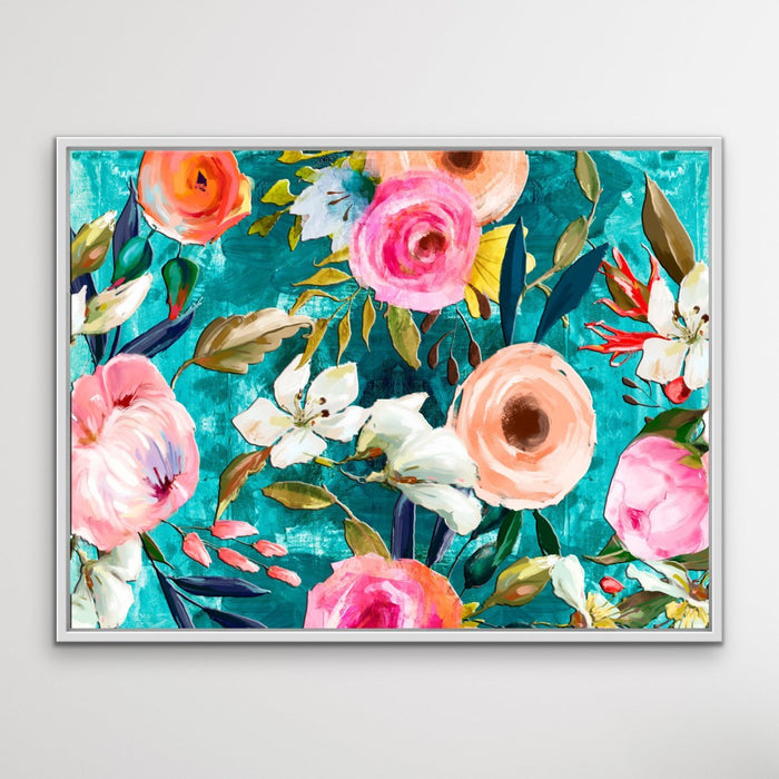 Walk In the Garden In Turquoise - Bright Floral Artwork With Flowers Oil Painting Wall Art Print