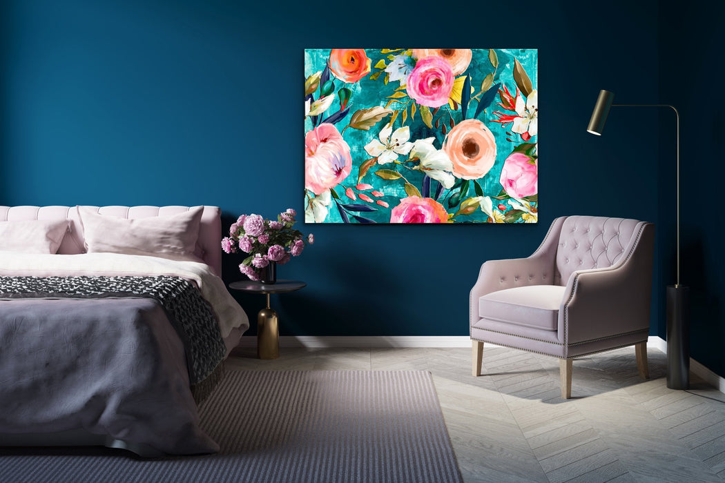 Walk In the Garden In Turquoise - Bright Floral Artwork With Flowers Oil Painting Wall Art Print