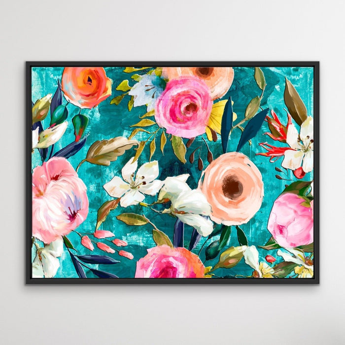 Walk In the Garden In Turquoise - Bright Floral Artwork With Flowers Oil Painting Wall Art Print