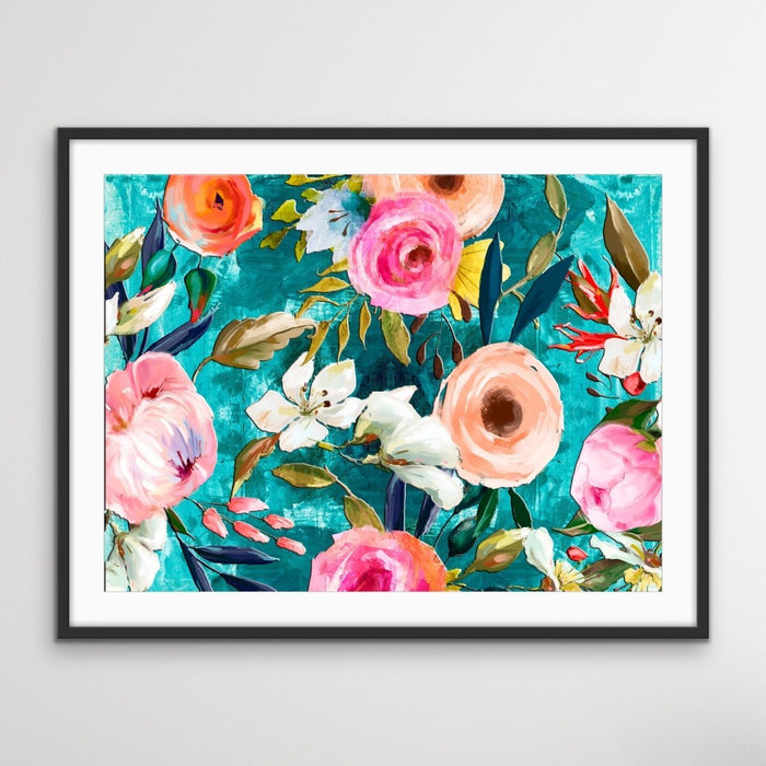 Walk In the Garden In Turquoise - Bright Floral Artwork With Flowers Oil Painting Wall Art Print