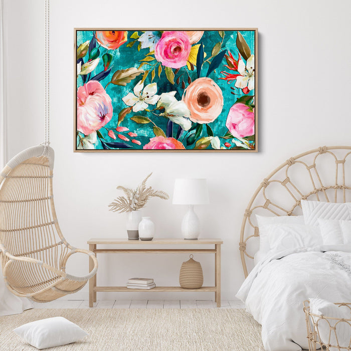 Walk In the Garden In Turquoise - Bright Floral Artwork With Flowers Oil Painting Wall Art Print