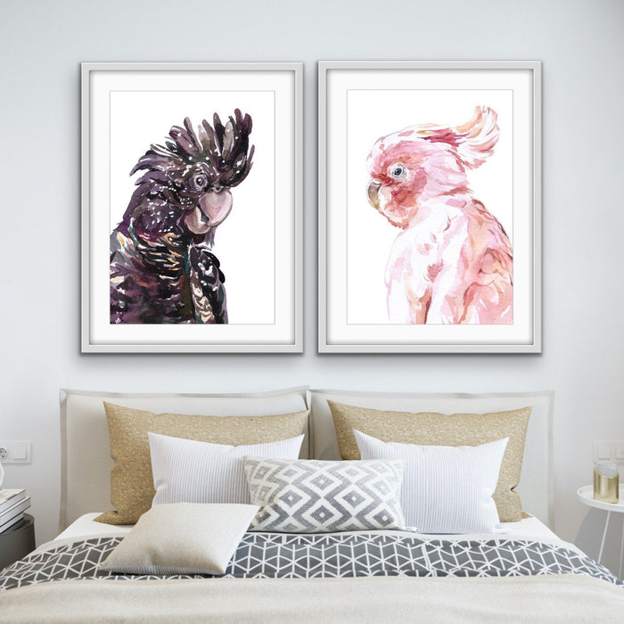 Watercolour Cockatoo Pair  - Two Piece Black and Pink Cockatoo Prints, Wall Art, Ozark Home 