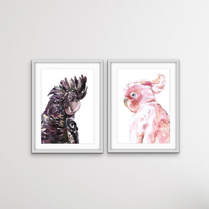 Watercolour Cockatoo Pair  - Two Piece Black and Pink Cockatoo Prints, Wall Art, Ozark Home 