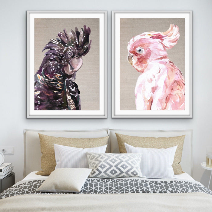 Watercolour Cockatoo Pair On Linen - Two Piece Black and Pink Cockatoo Prints, Wall Art, Ozark Home 