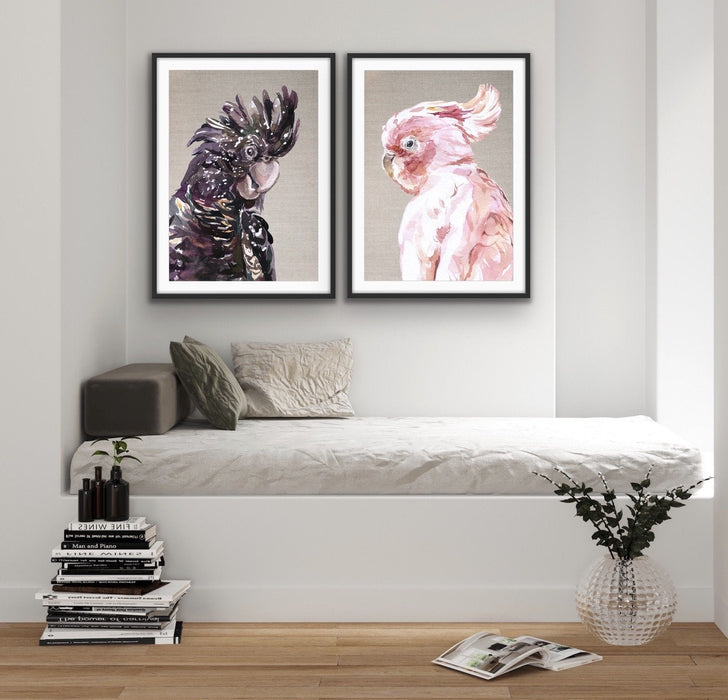 Watercolour Cockatoo Pair On Linen - Two Piece Black and Pink Cockatoo Prints, Wall Art, Ozark Home 