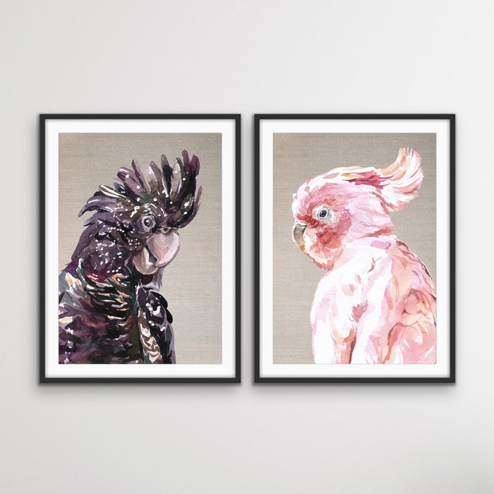 Watercolour Cockatoo Pair On Linen - Two Piece Black and Pink Cockatoo Prints, Wall Art, Ozark Home 