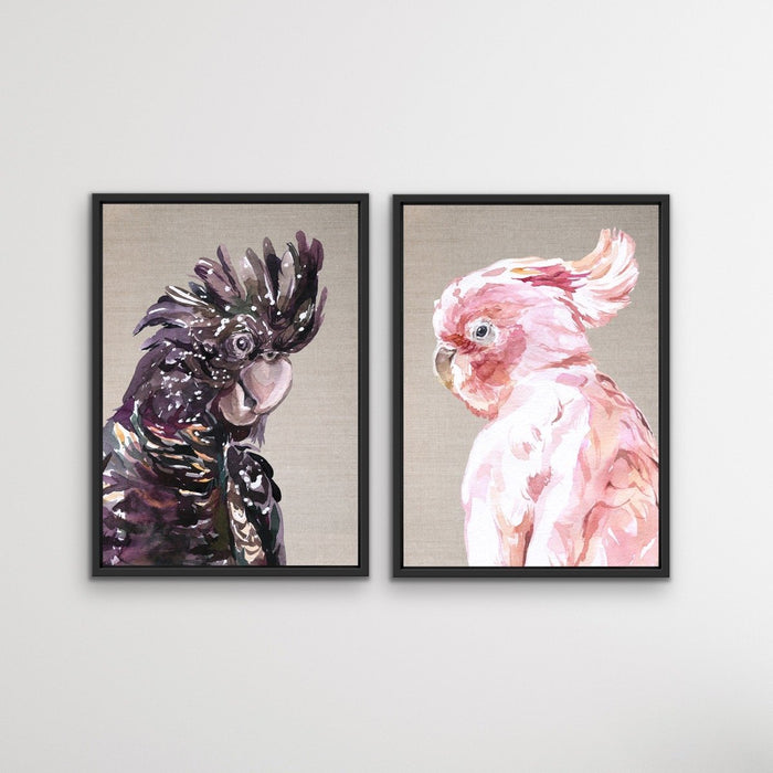 Watercolour Cockatoo Pair On Linen - Two Piece Black and Pink Cockatoo Prints, Wall Art, Ozark Home 