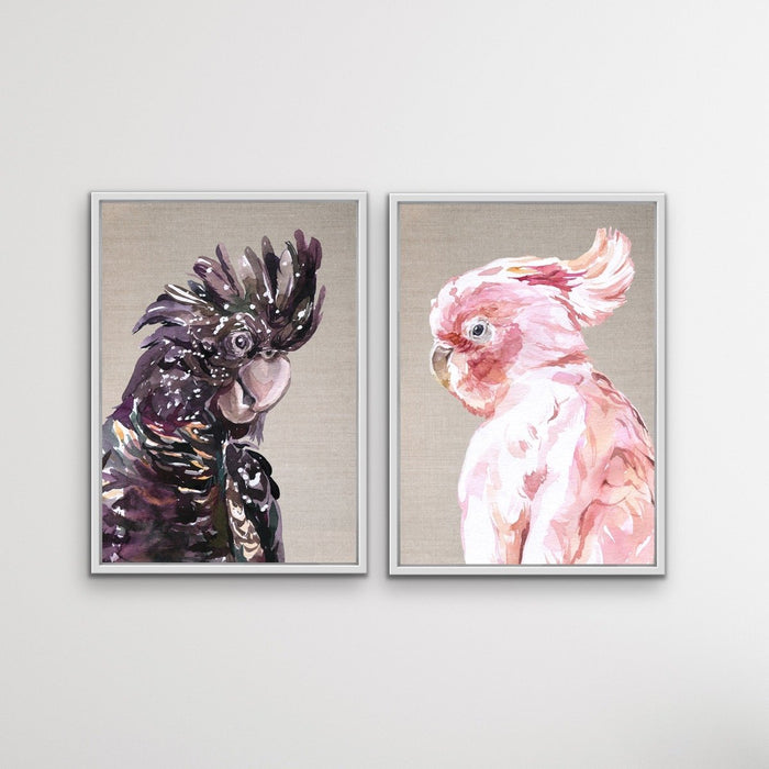 Watercolour Cockatoo Pair On Linen - Two Piece Black and Pink Cockatoo Prints, Wall Art, Ozark Home 