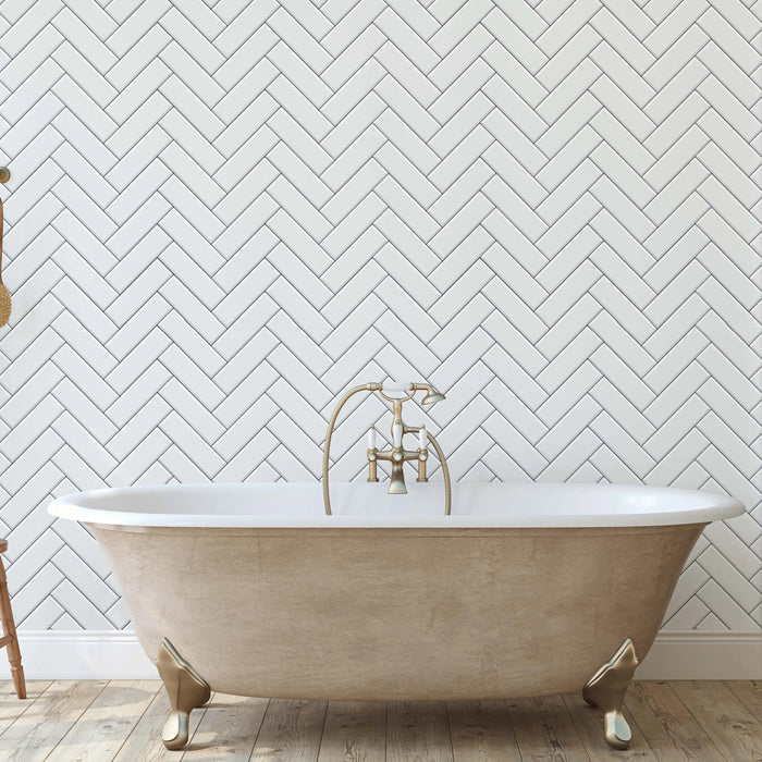 White Herringbone Tile Wallpaper