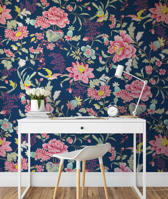 Wild Garden - Bold Blue and Pink Asian Inspired Wallpaper