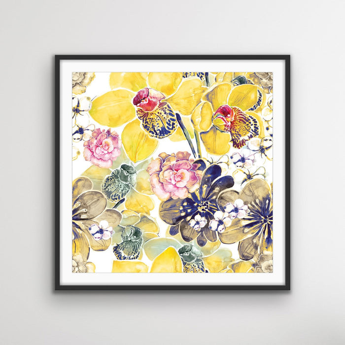 Yellow Orchids - Yellow Floral Canvas Wall Art Print With Grey and Red Tones, Wall Art, Ozark Home 