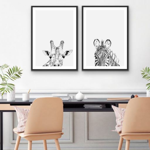 Zebra and Giraffe Sketches - Two Piece Line Drawing Set of Art or Canvas Prints, Wall Art, Ozark Home 